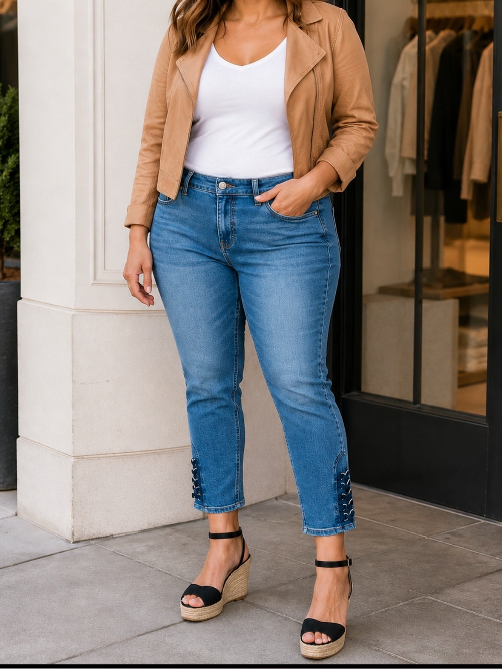 Cato Classic Blue Denim Cropped Jeans with Lace-Up Hem Size 16.